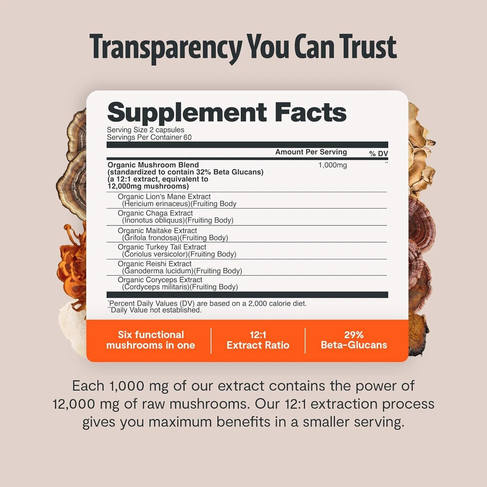 Organic Mushroom Complex Supplement Capsules